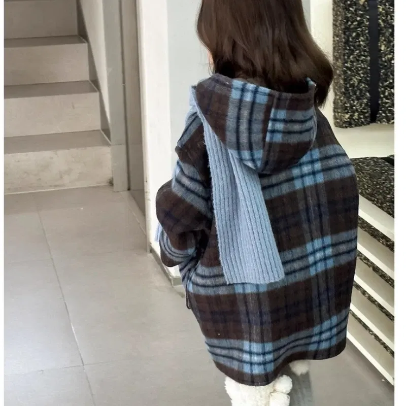 Color: Blue, Kid Size: 3T - Children's Coats Plaid Printed Woolen Padded Hooded Coat Kids Jackets for Girls Winter Clothes Kids Jacket