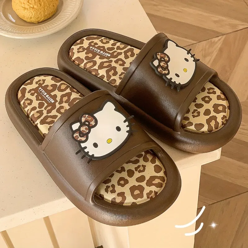 Color: Beige, Shoe Size: 36-37 - Miniso Hello Kitty Cute Leopard Print Slippers Trendy Open-Toe Slide Sandals in Chic Two-Tone Design Comfortable EVA Material