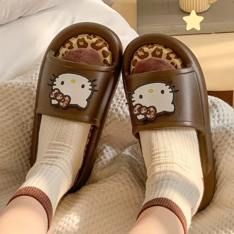 Color: Beige, Shoe Size: 36-37 - Miniso Hello Kitty Cute Leopard Print Slippers Trendy Open-Toe Slide Sandals in Chic Two-Tone Design Comfortable EVA Material