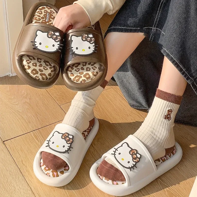 Color: Beige, Shoe Size: 36-37 - Miniso Hello Kitty Cute Leopard Print Slippers Trendy Open-Toe Slide Sandals in Chic Two-Tone Design Comfortable EVA Material