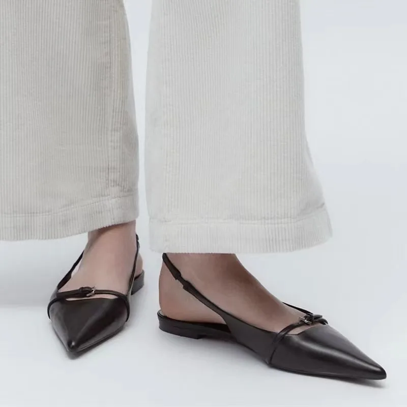 Color: black, Shoe Size: 37 - New Women Sandal Fashion Pointed Toe Shallow Mouth Non-slip  Ladies Elegant Slingback Shoes Flat Sandals