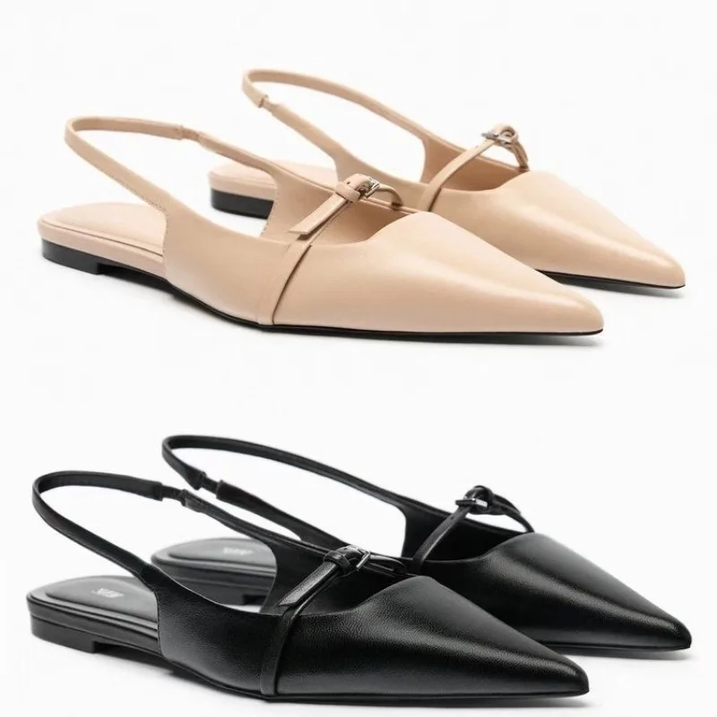 Color: black, Shoe Size: 37 - New Women Sandal Fashion Pointed Toe Shallow Mouth Non-slip  Ladies Elegant Slingback Shoes Flat Sandals