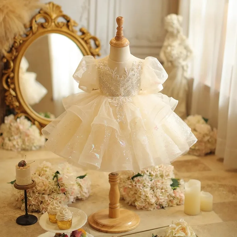 Kid Size: 14, Color: Khaki - Baby Girls Birthday Dress Elegant Princess Gown High-End Sequin Tulle Tutu Dresses Cake Special Occasions Toddler Party Clothes