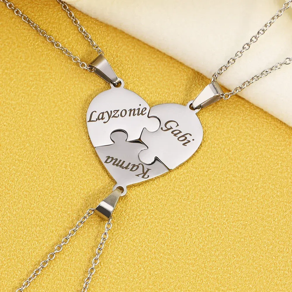Metal Color: Blue Zinc, Length: 55cm, Main Stone Color: Silver - Personalized Charm Stainless Steel Pendant Name Jigsaw Heart Necklace for Women Jewelry for Men Family Name Chains Necklace