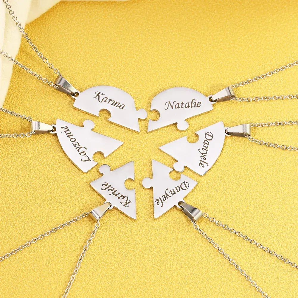Metal Color: Blue Zinc, Length: 55cm, Main Stone Color: Silver - Personalized Charm Stainless Steel Pendant Name Jigsaw Heart Necklace for Women Jewelry for Men Family Name Chains Necklace