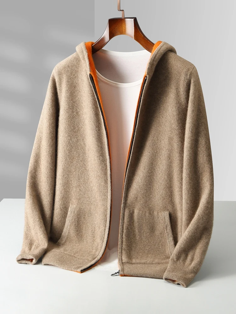 Color: black, Size: L - Reversible Men's Wool Cardigan Sweater Autumn Winter Hooded  Solid 100% Merino Wool Knitted Casual Simple Man Jackets Thick Warm