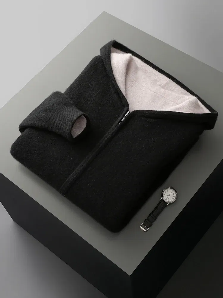 Color: black, Size: L - Reversible Men's Wool Cardigan Sweater Autumn Winter Hooded  Solid 100% Merino Wool Knitted Casual Simple Man Jackets Thick Warm