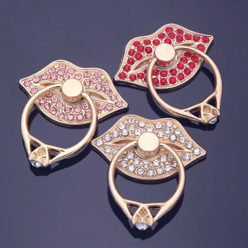 Color: Pink - Lip Phone Holder Metal Diamond-studded Ring Holder Red Lips Ring Holder OPPO VIVO  Cellphone Holder  Universal