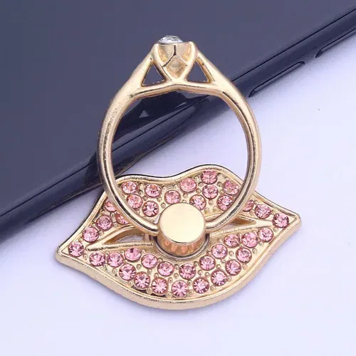 Color: Pink - Lip Phone Holder Metal Diamond-studded Ring Holder Red Lips Ring Holder OPPO VIVO  Cellphone Holder  Universal