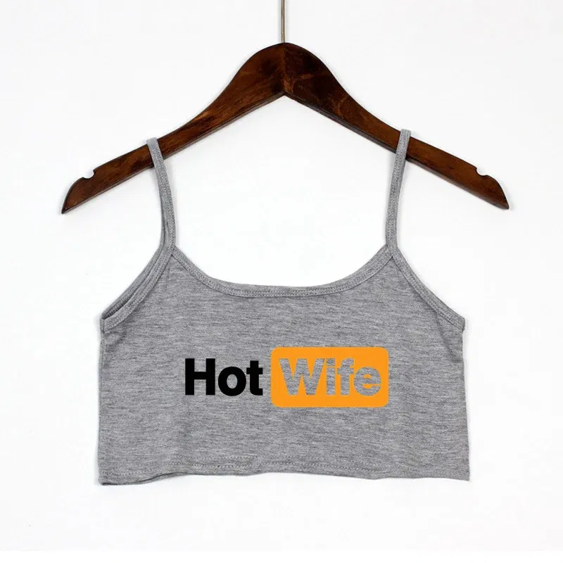 Color: Blue, Size: S - Funny HOT WIFE Letters Print New Sexy Crop Top Summer Women's Sexy Elastic Cotton Camis Sleeveless Short Tank Top Bar Women
