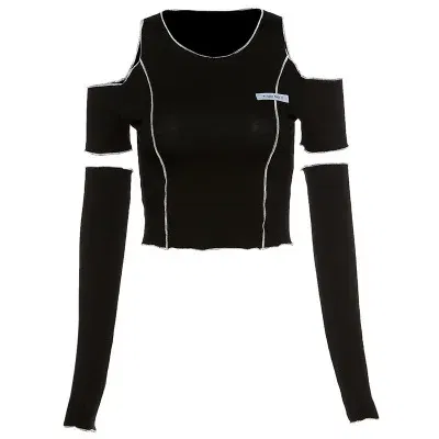 Color: black, Size: M - Patchwork Black T-shirts Gothic One Shoulder Sleeve Y2k Crop Tops Ruffles Hem Hip Hop Techwear Women Tees