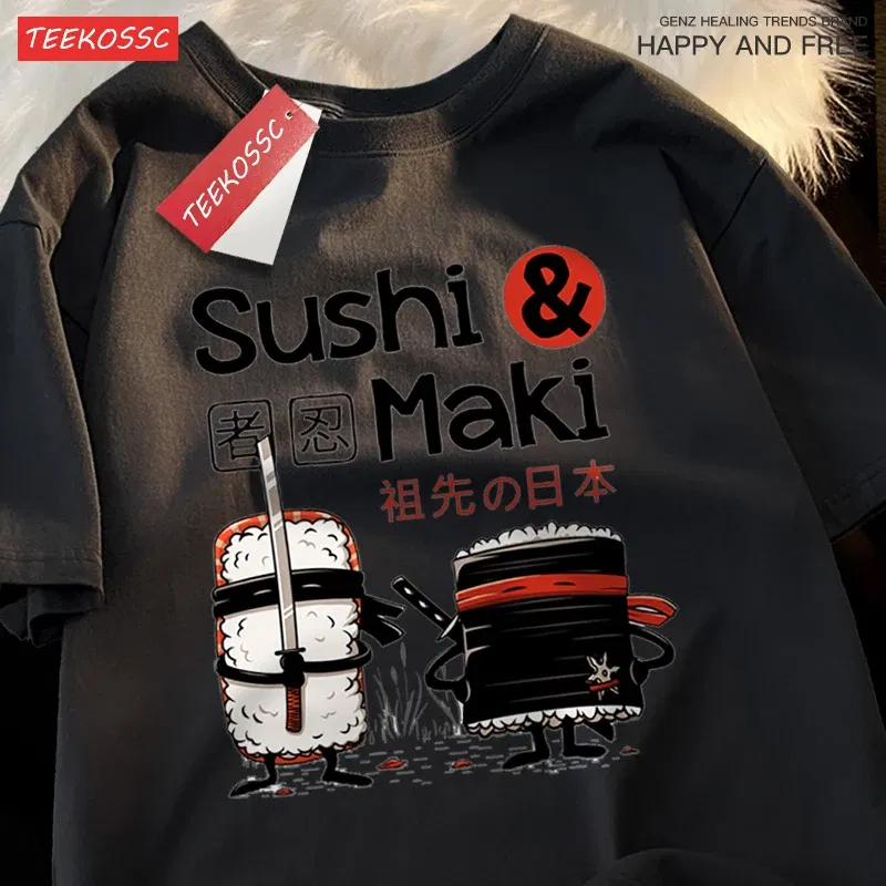 Color: black, Size: L - Theduc Sushi And Sushi Printing Men Women Tshirt Cotton T-Shirts Loose T Shirt Crewneck Loose Tops Fashion Clothes Unisex