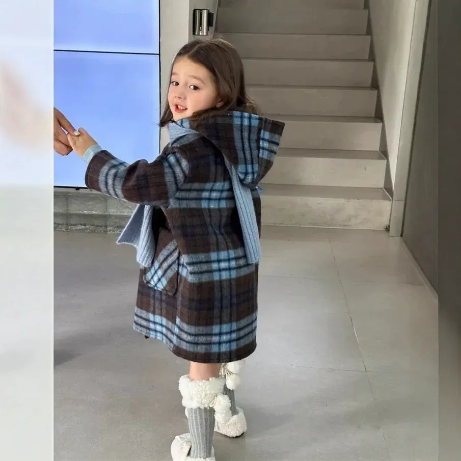 Color: Blue, Kid Size: 3T - Children's Coats Plaid Printed Woolen Padded Hooded Coat Kids Jackets for Girls Winter Clothes Kids Jacket