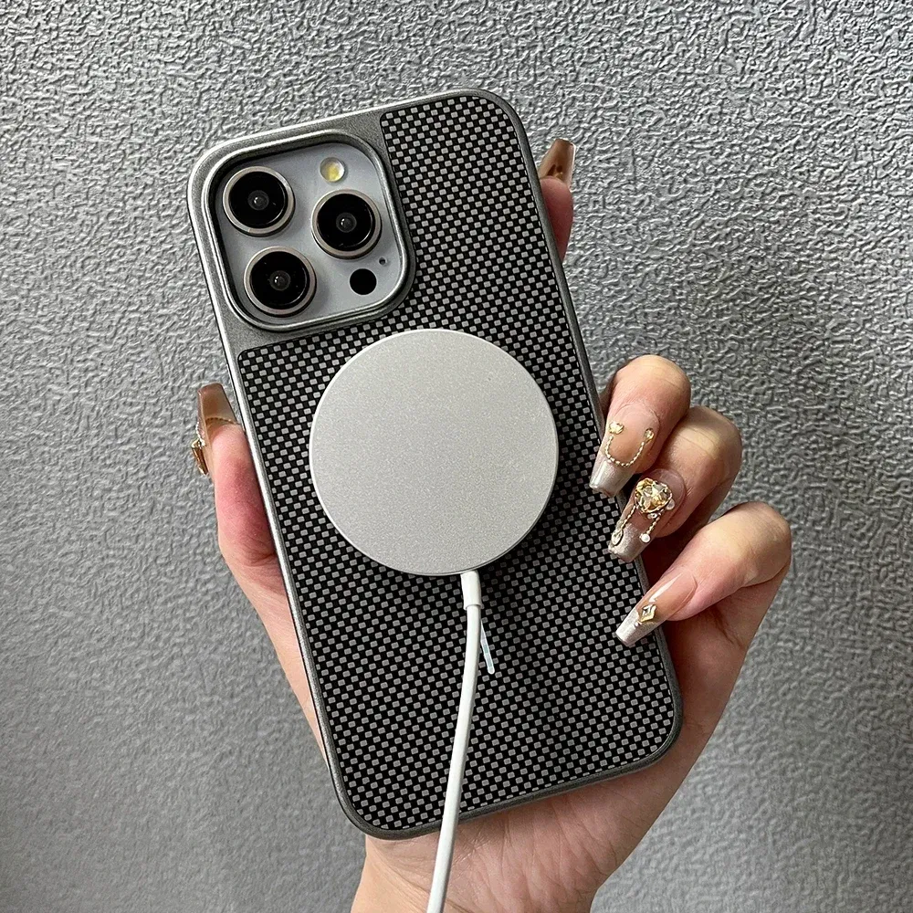 Color: Beige, Compatible-Phone Models: For iPhone 14 - Carbon Fiber Textured Magnetic Phone Case For iPhone 16 Pro Max 15 14 13 12 Shockproof Soft Cover For Magsafe Wireless Charging