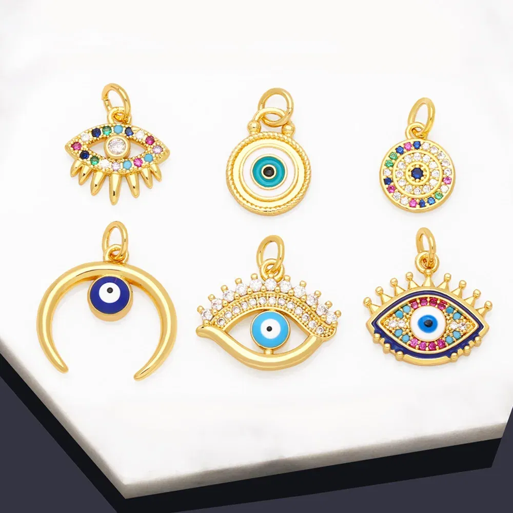Metal color: Rhodium Plated - OCESRIO Multicolor Little Turkish Eye Bracelet Earring Charm Copper Gold Plated CZ Evil Eye Jewelry Making Supplies chma180