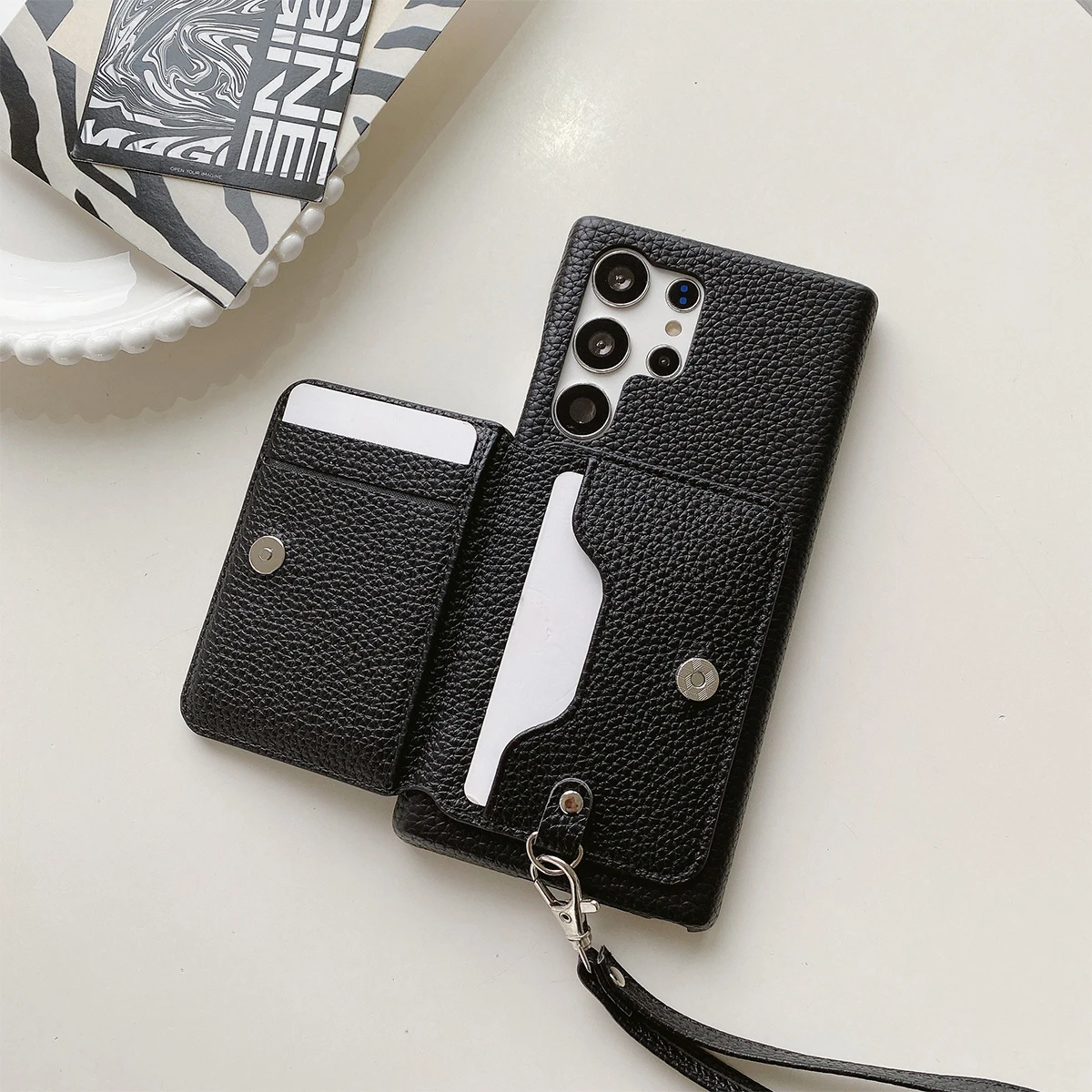 Color: black, Material: Neoprene - Luxury Lanyard Wallet Case For Samsung Galaxy S21 FE S22 S23 Plus Note 20 Ultra A52 A53 A54 5G Lichee Pattern Leather Cover