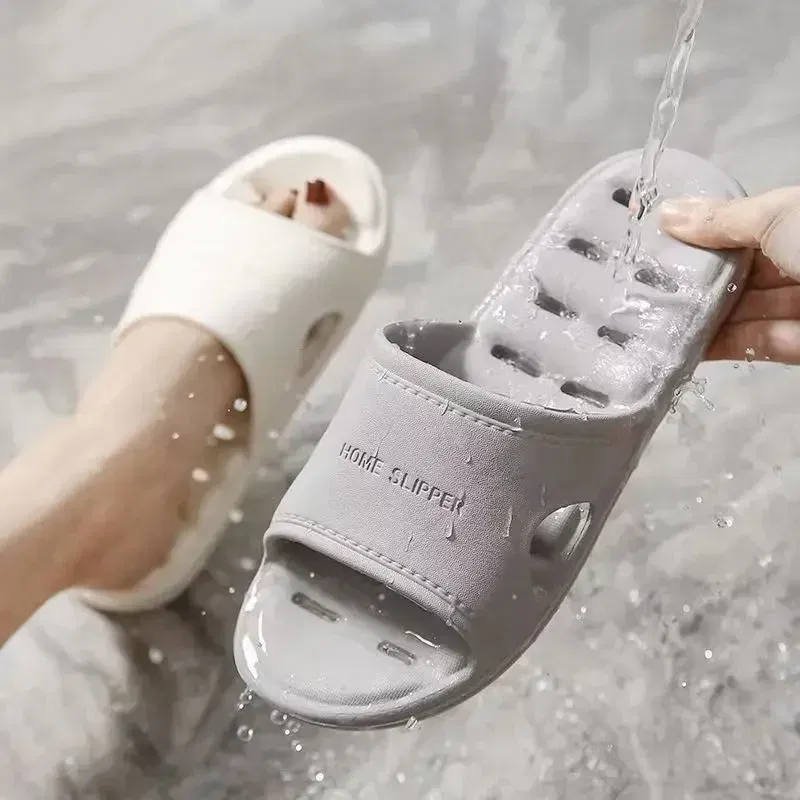 Color: WHITE, Shoe Size: 4.5 - Men Bathroom Slippers Women Home Slipper Non-slip Water Leaky Slippers Couples Beach Flip Flop Comfortable Soft Sole Slides