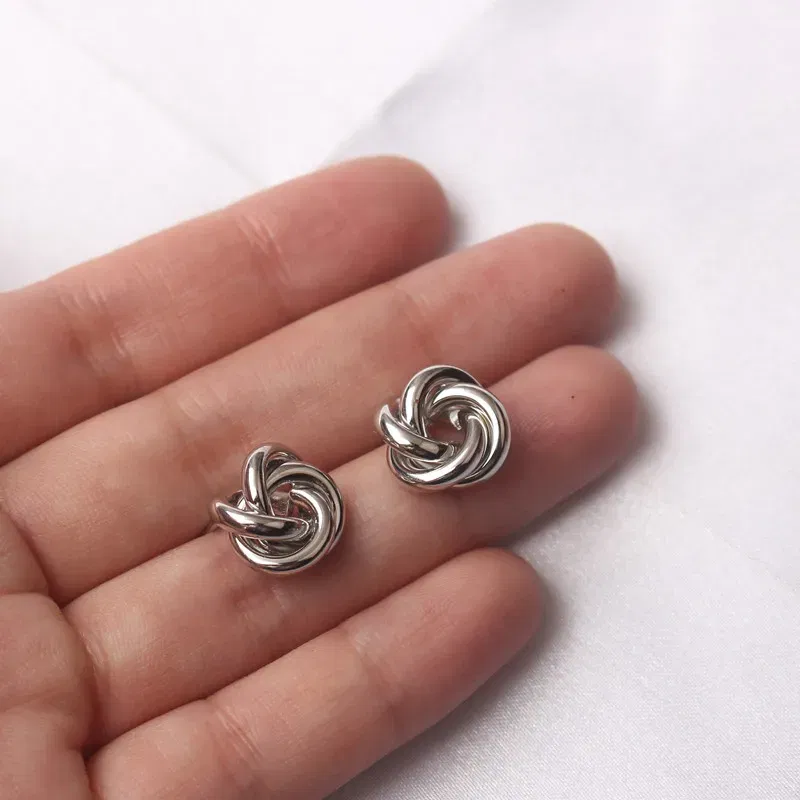Metal Color: SILVER PLATED - Tiny Metal Stud Earrings for Women Gold Color Twist Round Earrings Small Unusual Earrings boucles d'oreilles Fashion Jewelry