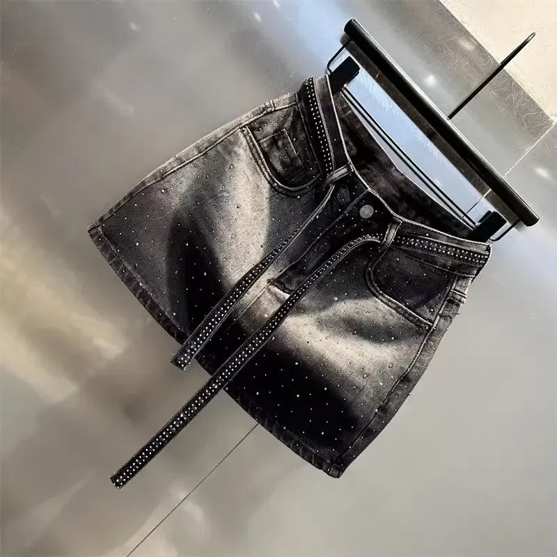 Color: Beige, Size: XL - Oversize Retro Diamond Denim Mini Skirt for Women Summer High Waist Shiny Rivet Slim Skirts Gradient Black Grey Jean Skirts