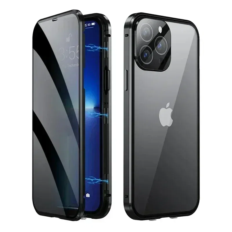 Color: Beige, Material: PP - Double-Sided Privacy Magnetic Case For iPhone 16 12 13 14 15 11 Pro Max 14 Plus 16 Plus Anti Peeping Full Cover Metal Frame Case