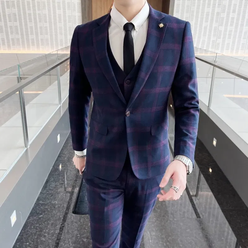 Color: Blue, Size: XXL - High-quality British men's fashionable and stylish checkered casual suit set for autumn, a casual and fitted suit set of three
