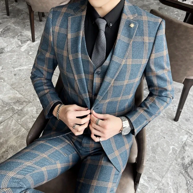 Color: Blue, Size: XXL - High-quality British men's fashionable and stylish checkered casual suit set for autumn, a casual and fitted suit set of three