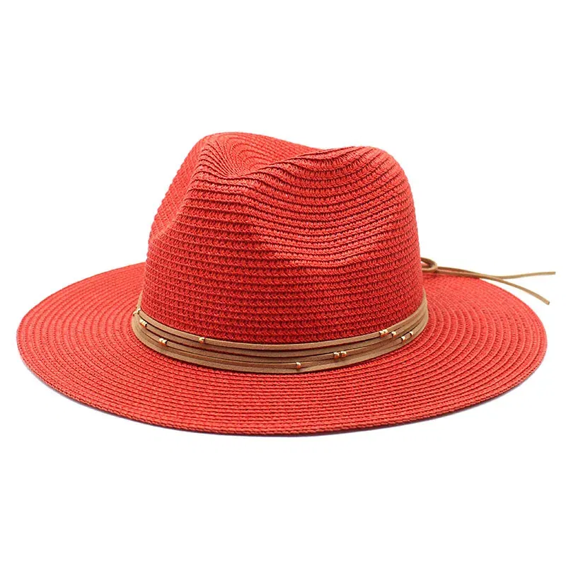 Color: Red, Size: M - Big Size 60CM New Straw Hat 7cm Brim Summer Cooling Beach Sun Hat Outdoor Party Panama Jazz Hat Sombreros De Mujer