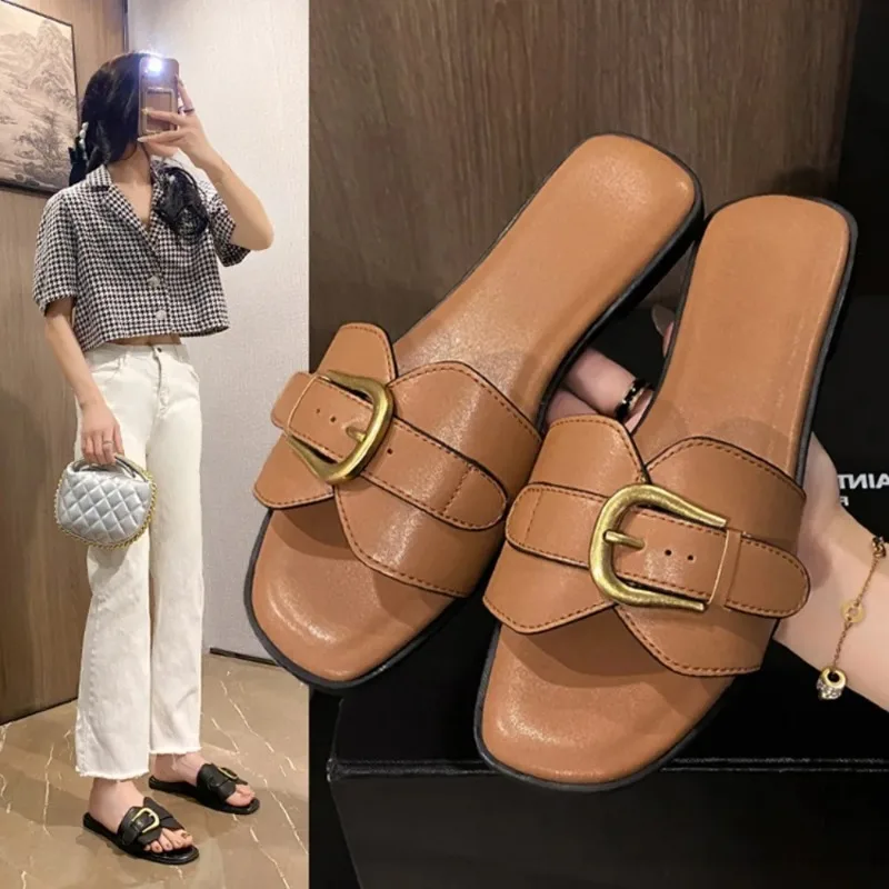 Color: Brown, Shoe Size: 39 - Slippers Casual Fretwork Heels String Bead Shoes Woman 2024 Pantofle Shale Female Beach Luxury Soft Flat New Sabot Fashion Slide