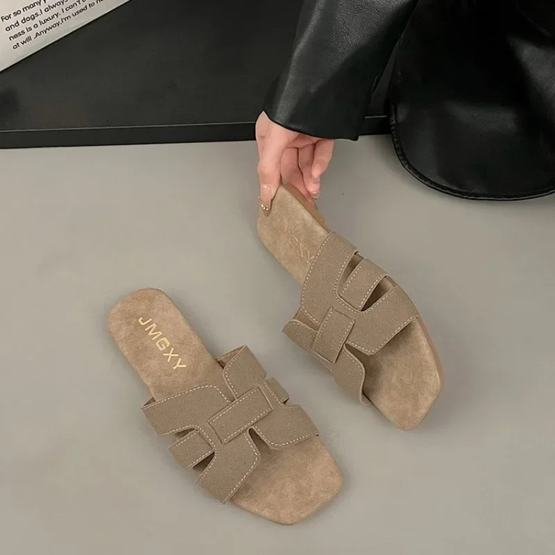Color: Khaki, Shoe Size: 40 - Summer New Women Slippers Flat Bottom Non-slip Outdoor Open Toe Beach Female Sandals Sexy Fashion Design Slides Woman Shoes