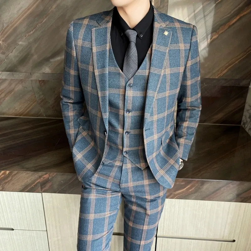 Color: black, Size: XL - High-quality British men's fashionable and stylish checkered casual suit set for autumn, a casual and fitted suit set of three