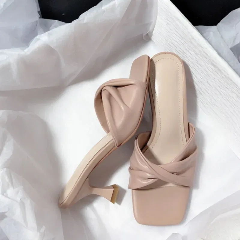Color: black, Shoe Size: 38 - Fashion Summer Women Shoes New Handmade Square Open Toe High Heels Outdoor Fashion Slippers Apricot Off White