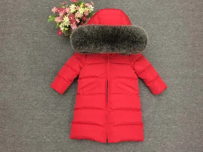 Color: Blue, Kid Size: 12M - Children Girl boy Winter real fur thickened down jackets 90 down Long Coat jacket overcoat baby kids clothing -30 outwear ws1245