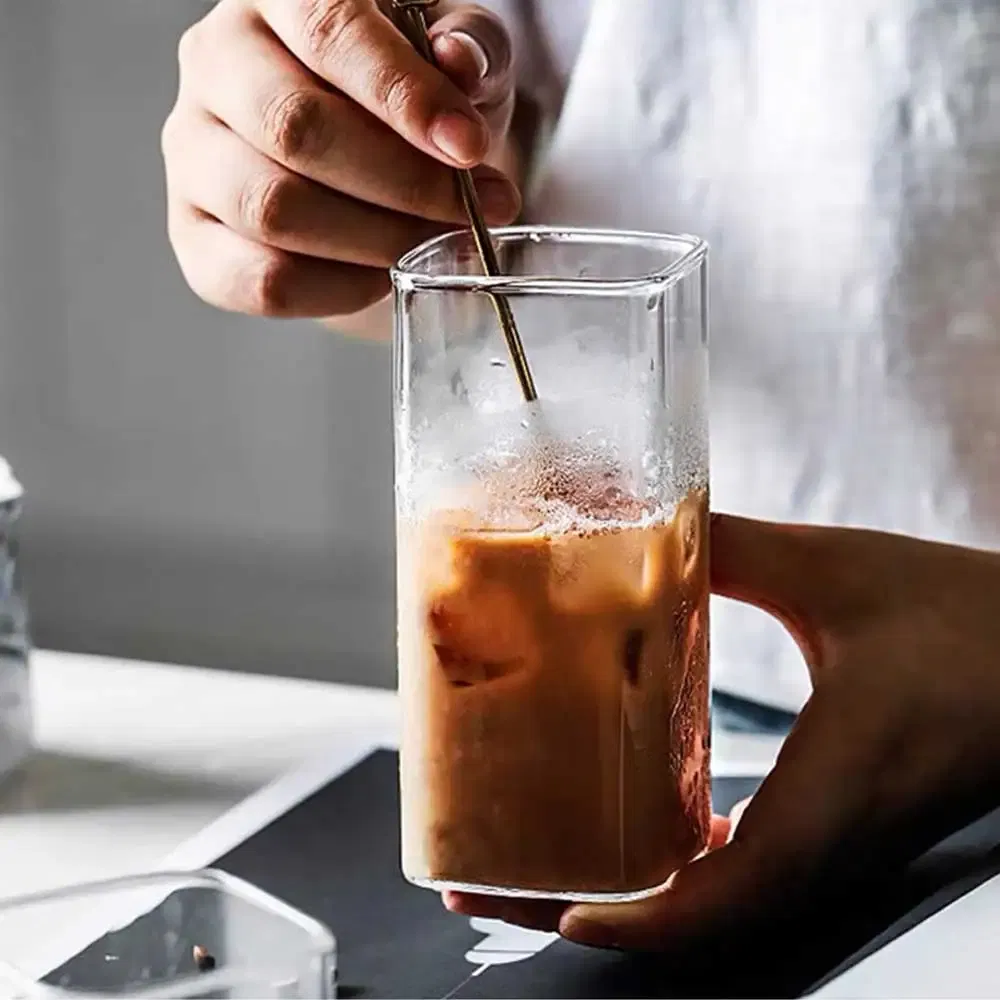 Color: black, Capacity: 301-400ml - Square Simple Glass Cup Transparent Cold Drink Large-capacity Milk Juice Tea Drink Water Mousse Cups Wine Glass Beer Coffee Mug