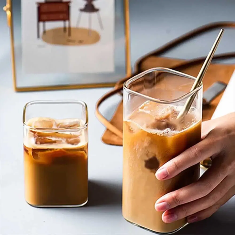 Color: black, Capacity: 301-400ml - Square Simple Glass Cup Transparent Cold Drink Large-capacity Milk Juice Tea Drink Water Mousse Cups Wine Glass Beer Coffee Mug