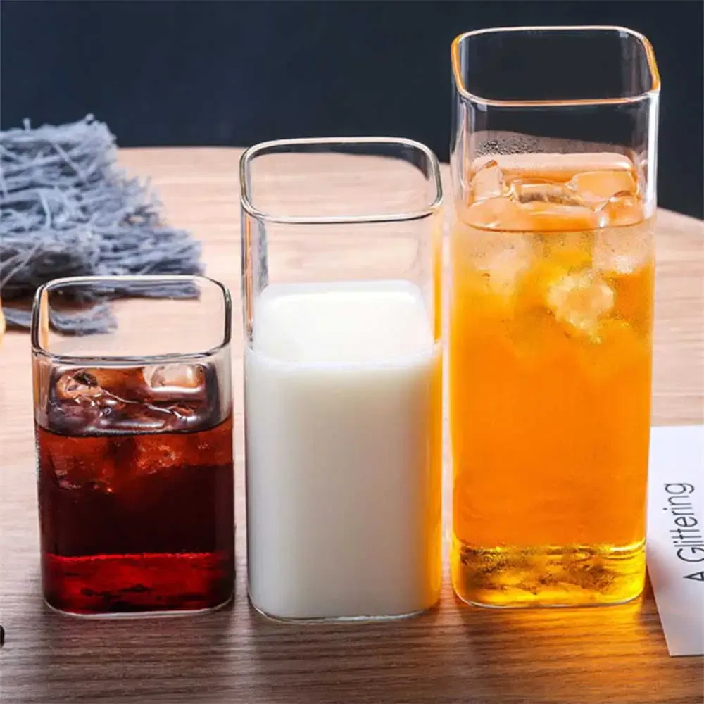 Color: black, Capacity: 301-400ml - Square Simple Glass Cup Transparent Cold Drink Large-capacity Milk Juice Tea Drink Water Mousse Cups Wine Glass Beer Coffee Mug