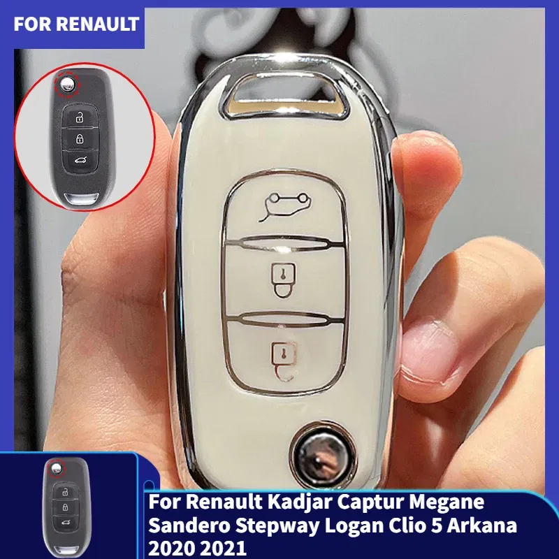Color Name: WHITE - For Renault Kadjar Captur Megane Sandero Stepway Logan Clio 5 Arkana 2020 2021 TPU Car Flip Key Case Cover Key Protector