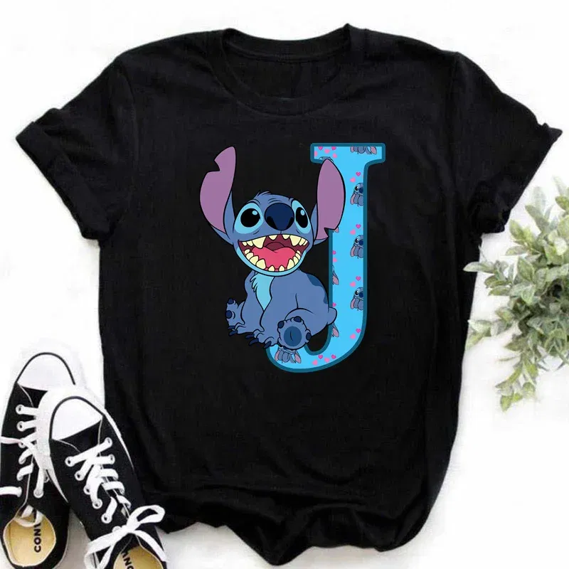 Color: Khaki, Size: XXL - Disney Lilo&Stitch A-Z Alphabet Summer Women's Printed T-Shirt Women's Casual Tops T-Shirt Fashion Cartoon Plus Size T-Shirt