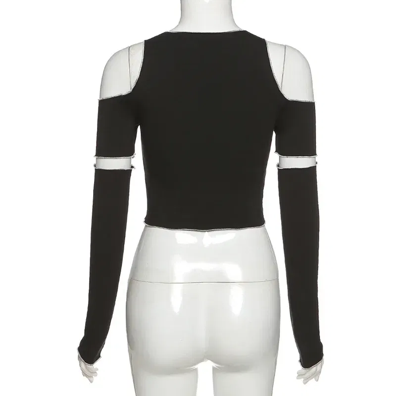 Color: black, Size: M - Patchwork Black T-shirts Gothic One Shoulder Sleeve Y2k Crop Tops Ruffles Hem Hip Hop Techwear Women Tees