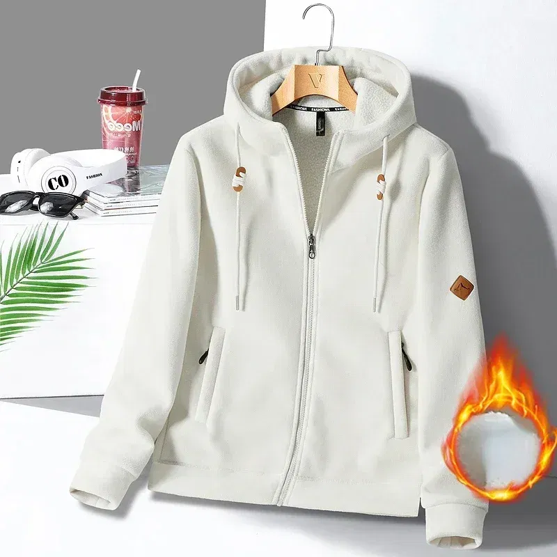 Color: Beige, Size: XL - Winter Warm Cashmere Jacket Mens High-end Ski Fleece Iined Thickened Hoodie Coat Casual Womens Outdoor Camping Cold-proof Jacket