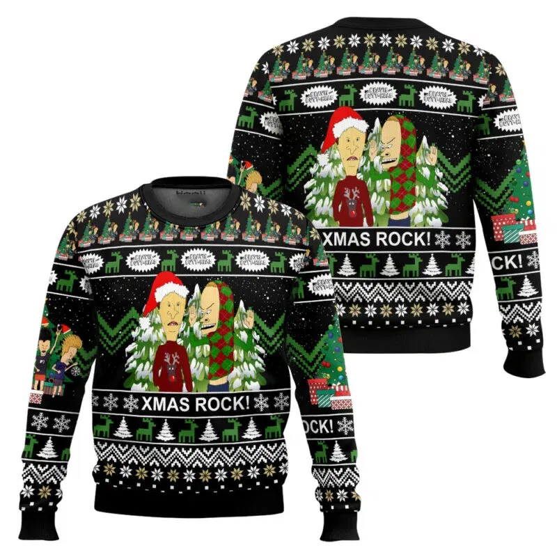 Color: Beige, Size: XXL - Xmas Rock Beavis and Butthead Ugly Christmas Sweater Cartoon Anime Women Men Pullover Tops New Fashion Couple Hoodie Sweatshirt