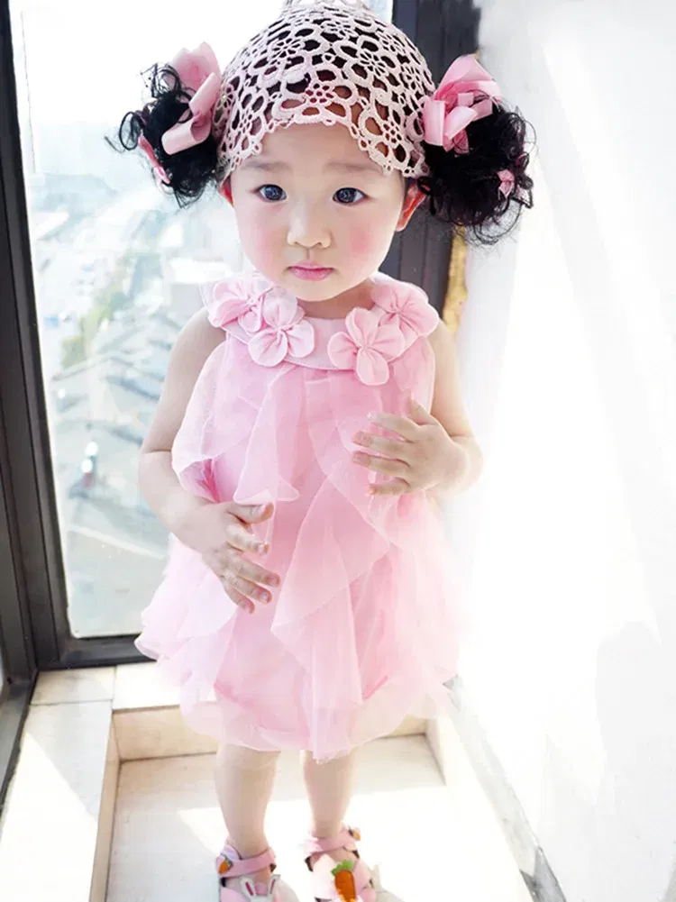 Color: Pink, Kid Size: 9M - Summer Sleeveless Girls Chiffon Dress Flowers Kids Girl Birthday Party Dresses Baby Clothes Vestidos