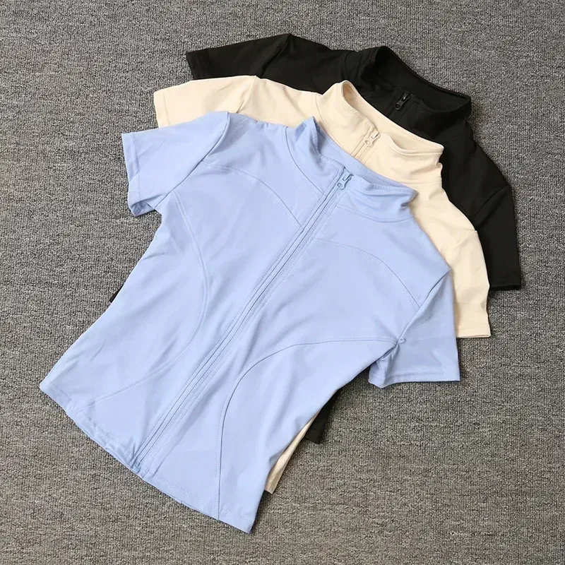 Size: S, Color: DEEP BLUE - Summer High Quality Waist Slimming Training Tops Women's Quick-drying Tight Stand Collar Full Zipper Short Sleeves Yoga shirts