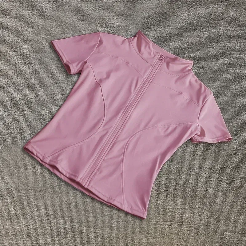 Size: S, Color: DEEP BLUE - Summer High Quality Waist Slimming Training Tops Women's Quick-drying Tight Stand Collar Full Zipper Short Sleeves Yoga shirts