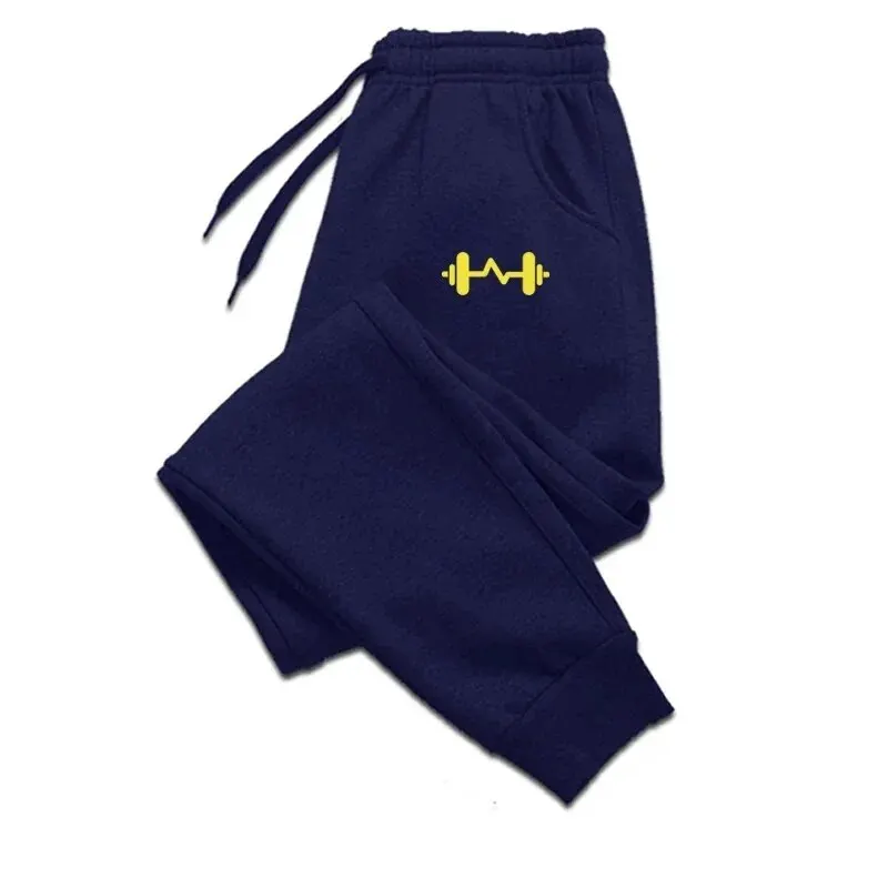 Size: M, Color: black - 2024 Barbell Printed Fleece Men's Trousers Autumn Winter Pants Fashion Drawstring Casual Male Sweatpants Jogging Sports Pants