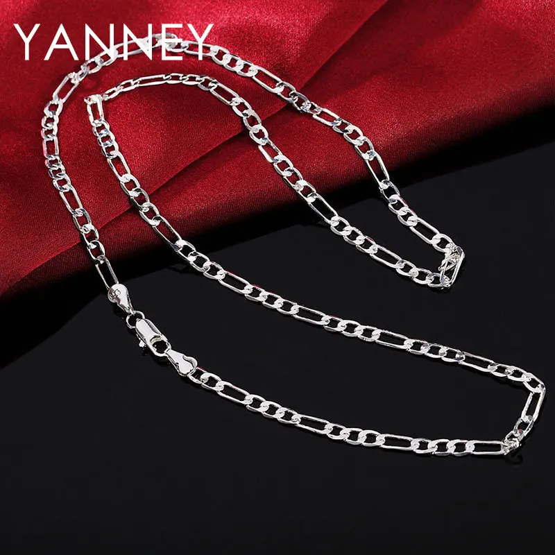 Gem Color: Green, Length: 45cm - 925 Sterling Silver 4MM 16-30 Inches Figaro Chain Bracelet Necklace For Man Woman Fashion Couple Christmas Gift Jewelry Set 2pcs