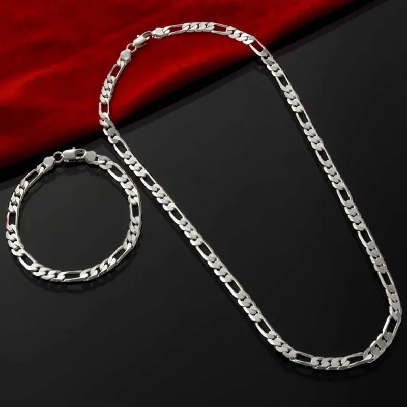 Gem Color: Green, Length: 45cm - 925 Sterling Silver 4MM 16-30 Inches Figaro Chain Bracelet Necklace For Man Woman Fashion Couple Christmas Gift Jewelry Set 2pcs
