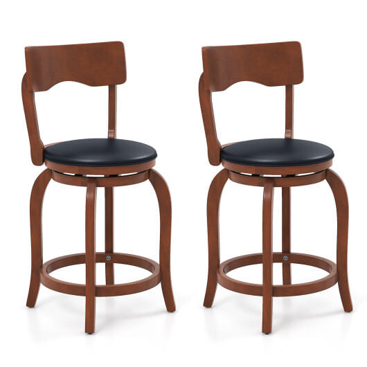 Swivel Bar Stools Set of 2 with Rubber Wood Frame and Upholstered Seat-24 Inch - Color: Black & Brown - Size: 24 inches