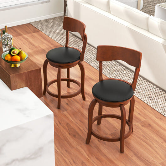 Swivel Bar Stools Set of 2 with Rubber Wood Frame and Upholstered Seat-24 Inch - Color: Black & Brown - Size: 24 inches