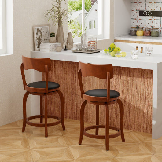 Swivel Bar Stools Set of 2 with Rubber Wood Frame and Upholstered Seat-24 Inch - Color: Black & Brown - Size: 24 inches