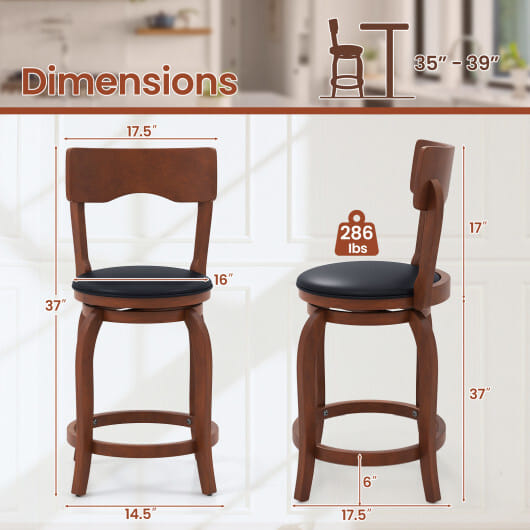 Swivel Bar Stools Set of 2 with Rubber Wood Frame and Upholstered Seat-24 Inch - Color: Black & Brown - Size: 24 inches